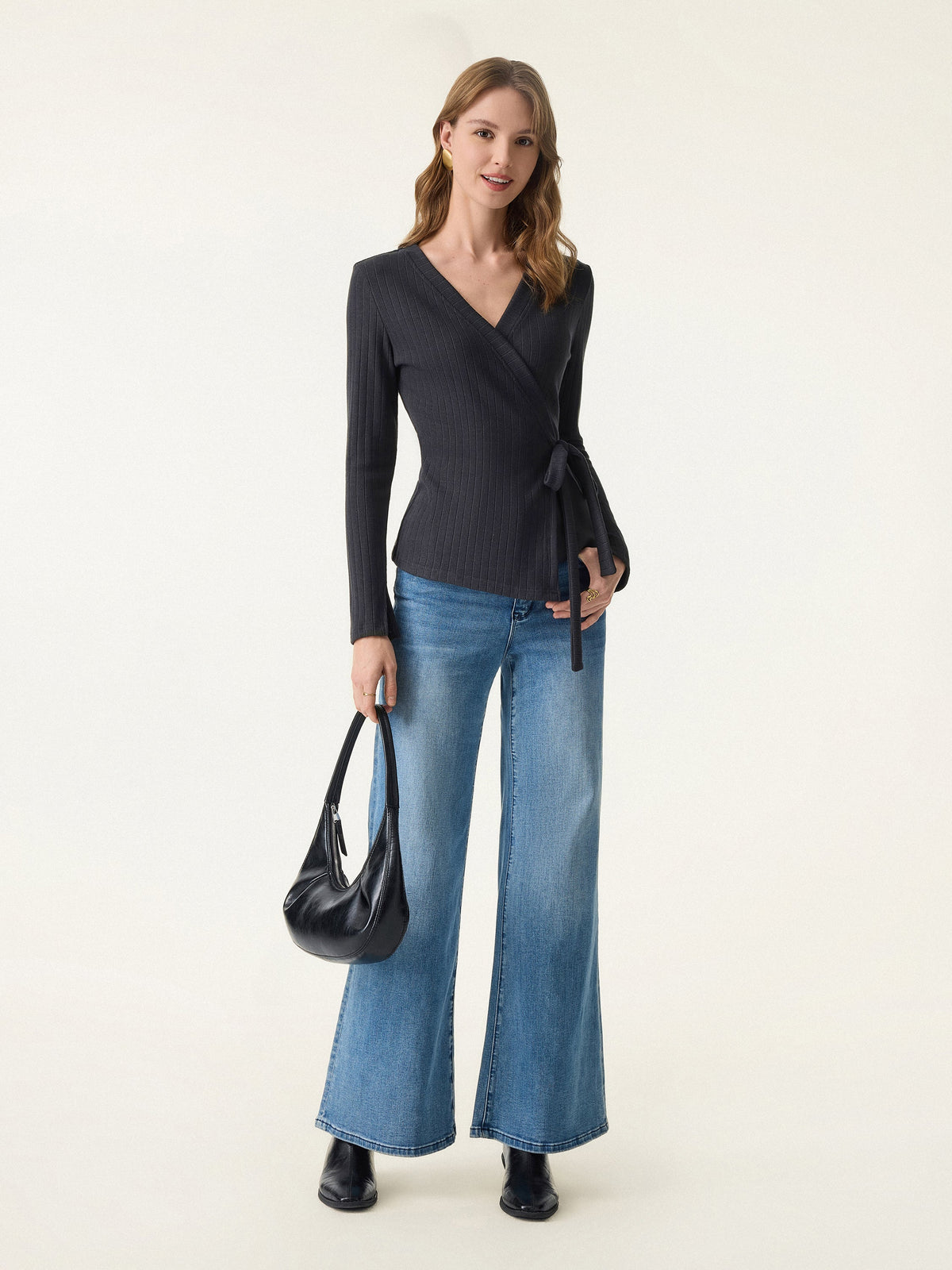 MaxWarm Wide Ribbed Crossover Long Sleeve Tie-Waist Top