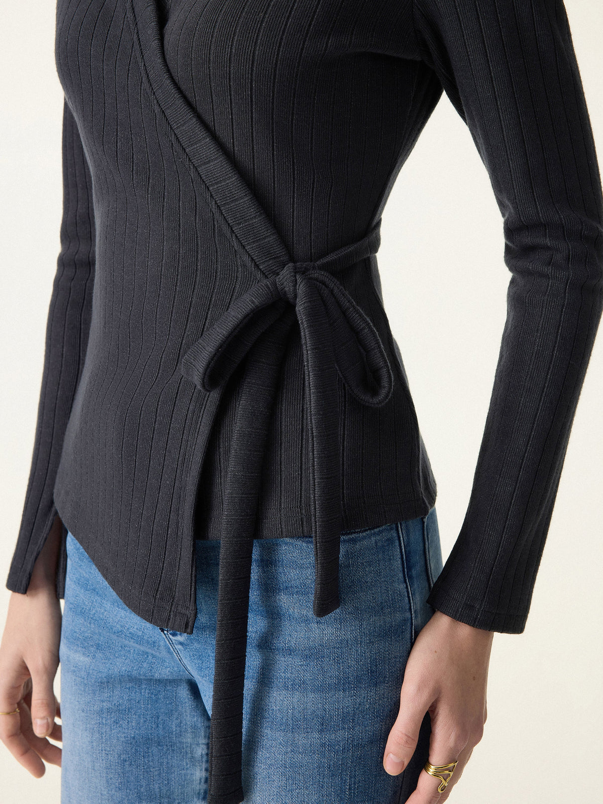 MaxWarm Wide Ribbed Crossover Long Sleeve Tie-Waist Top