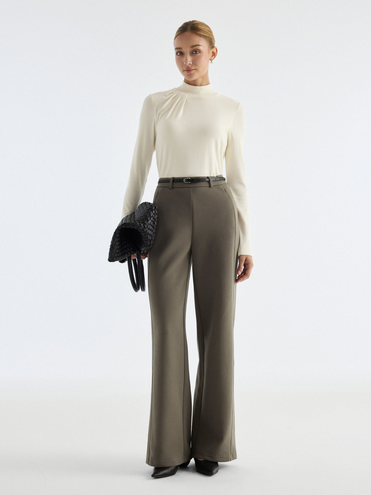 Stretch Cotton Blend Slimming High Rise Wide Leg Pant