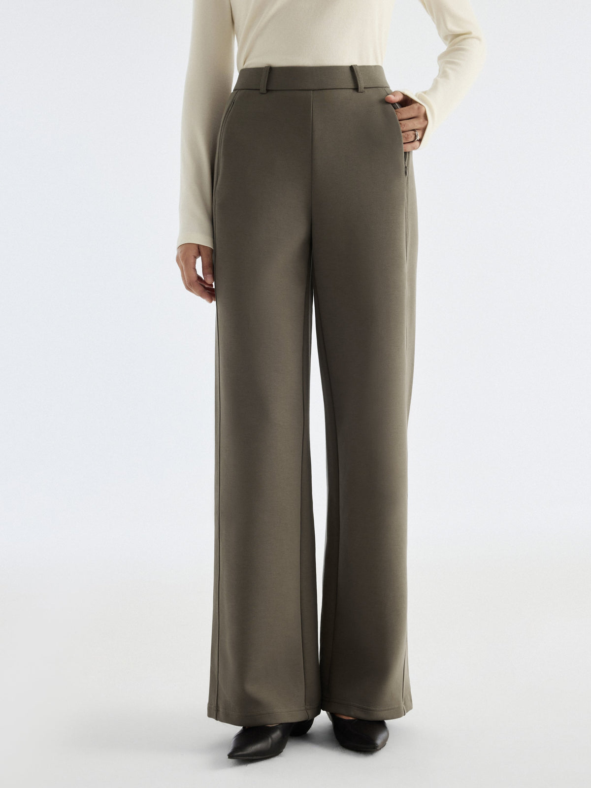 Stretch Cotton Blend Slimming High Rise Wide Leg Pant
