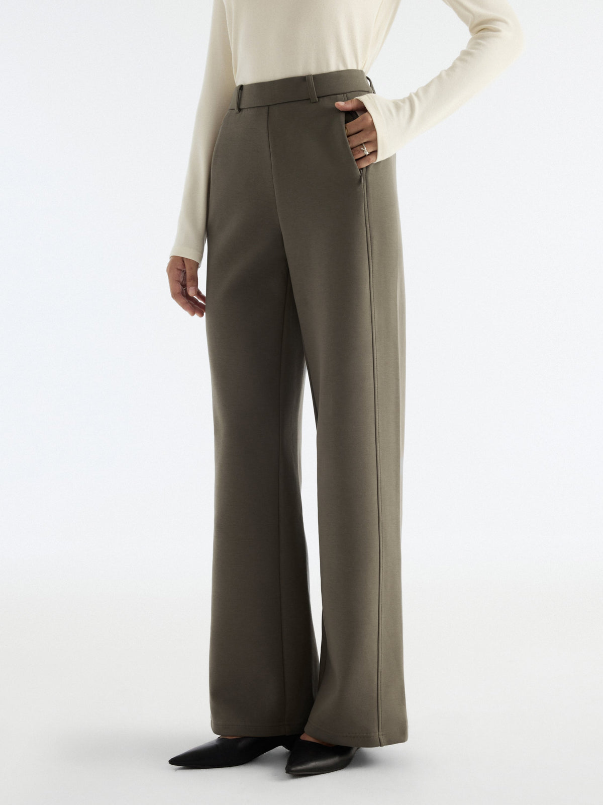 Stretch Cotton Blend Slimming High Rise Wide Leg Pant