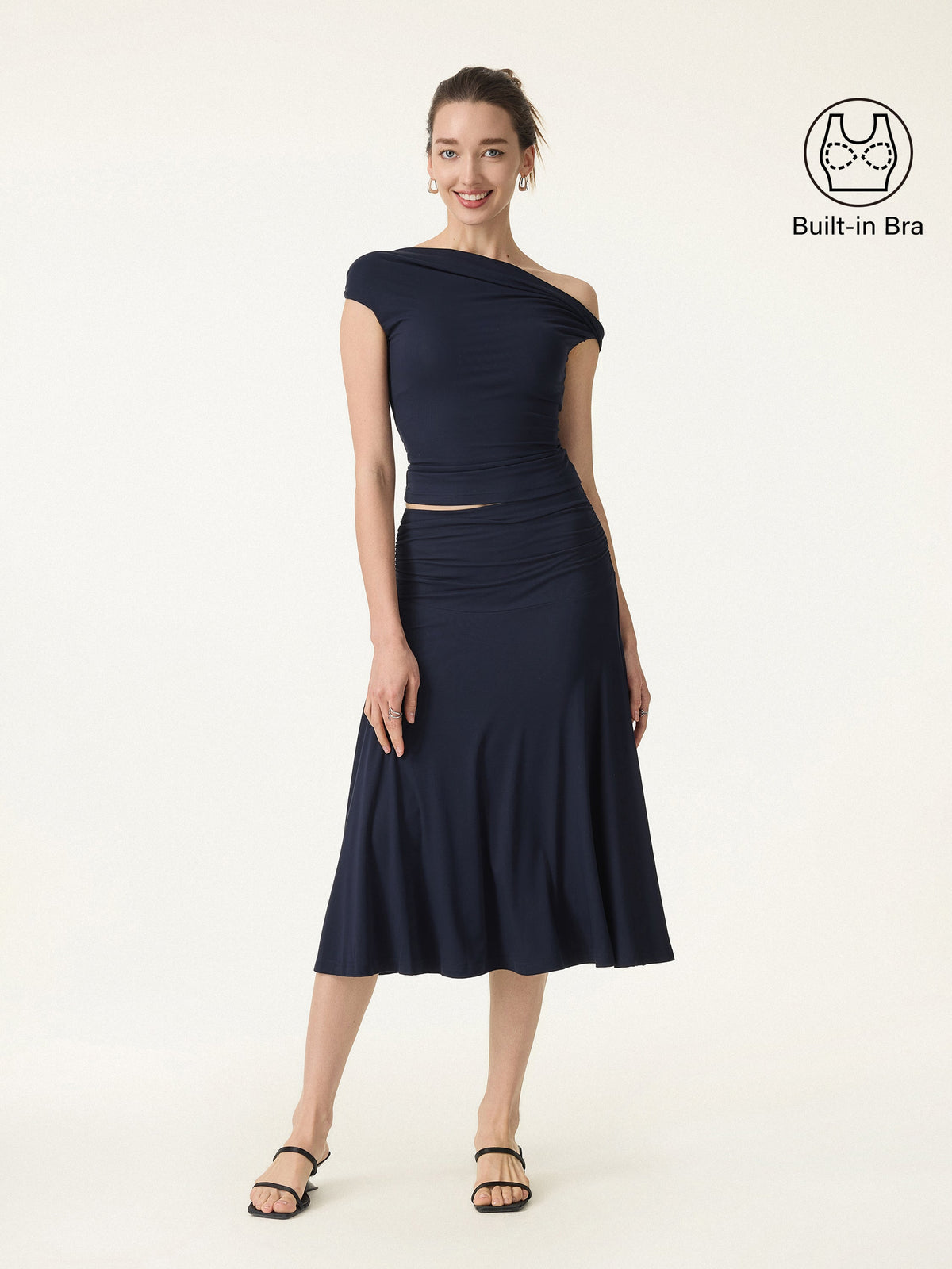 2Pcs Set Multi-wear Built-In Bra Top 2.0 & Side Ruched A-line Midi Skirt