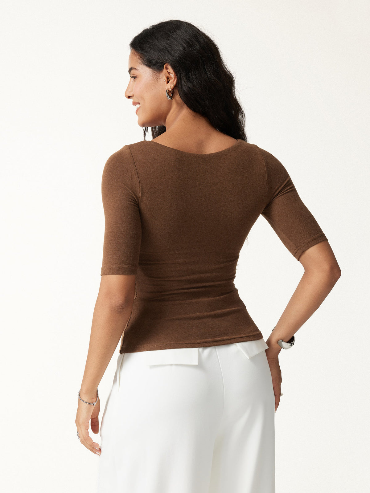 LiteWarm Essential Elbow Length Sleeve Square Neck Built-In Bra Tops 2.0