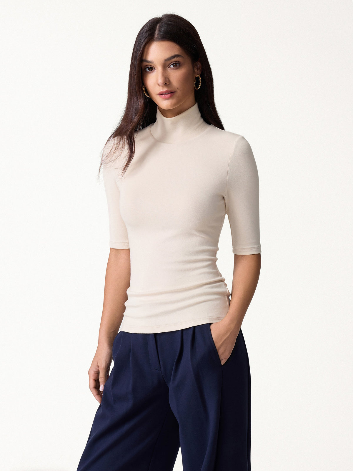 LiteWarm Essential Turtleneck Elbow Length Sleeve Built-In Bra Top 3.0