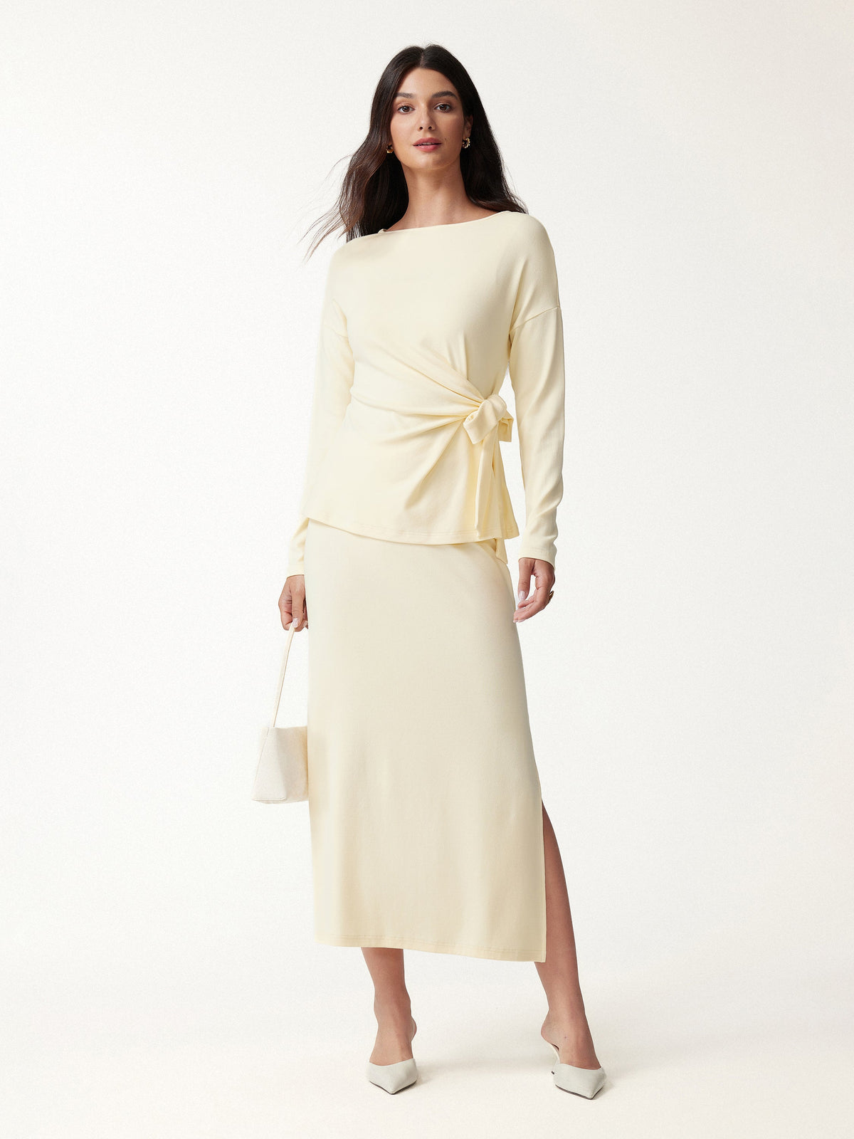 LiteWarm Boatneck Long Sleeve Tie-Waist Top