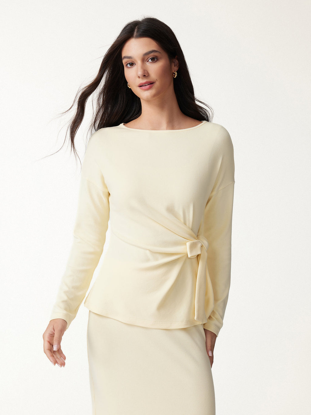 LiteWarm Boatneck Long Sleeve Tie-Waist Top