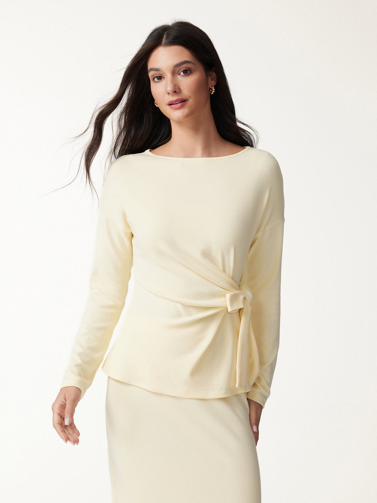 LiteWarm Boatneck Long Sleeve Tie-Waist Top