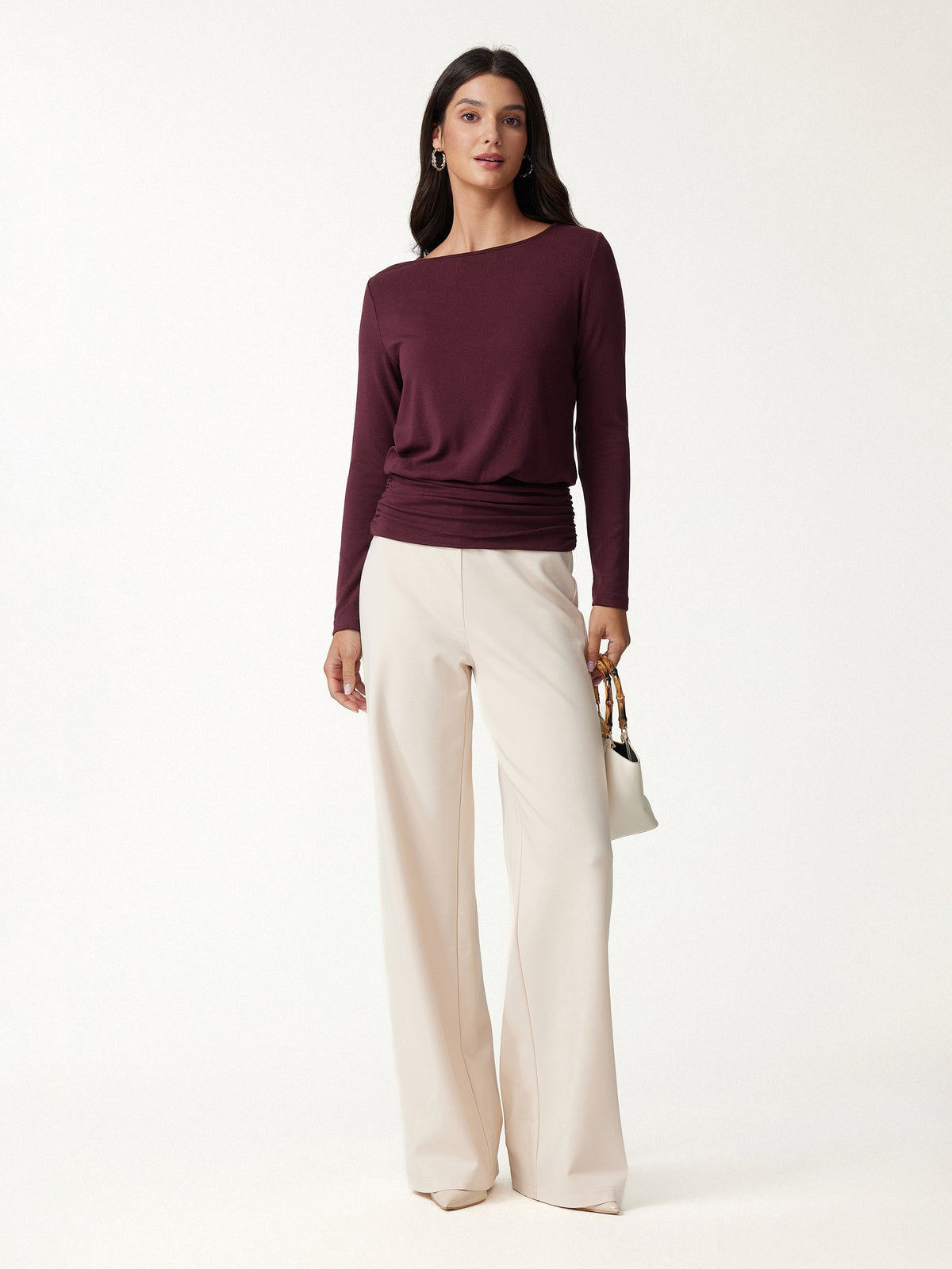 LiteWarm Boatneck Long Sleeve Ruched Banded Hem Top