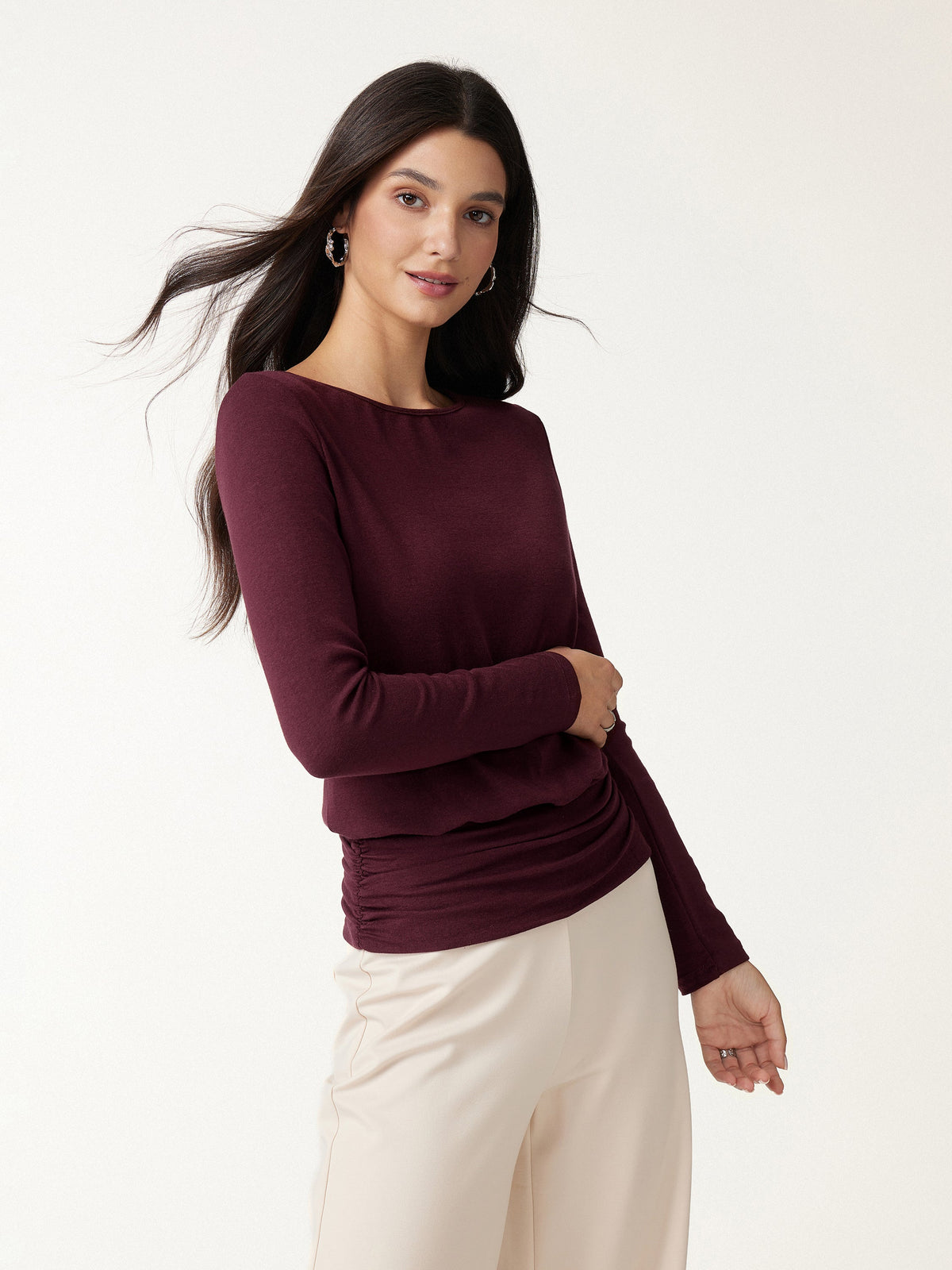 LiteWarm Boatneck Long Sleeve Ruched Banded Hem Top