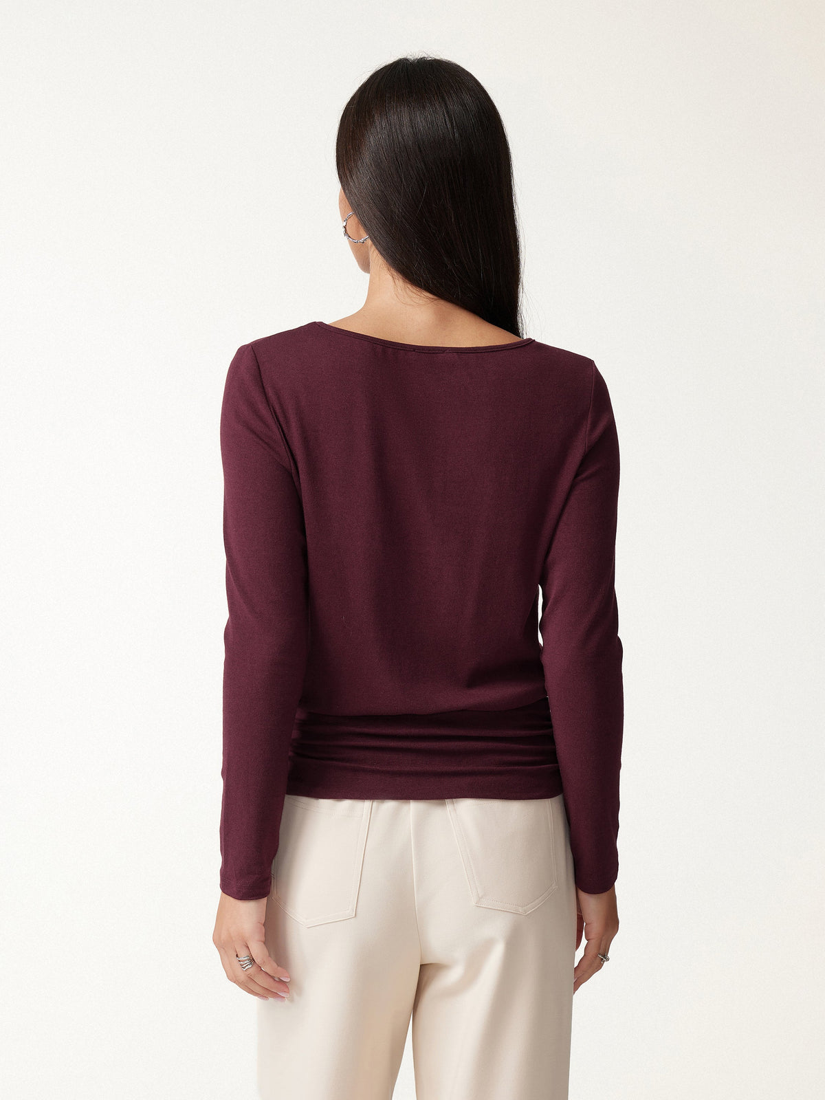 LiteWarm Boatneck Long Sleeve Ruched Banded Hem Top