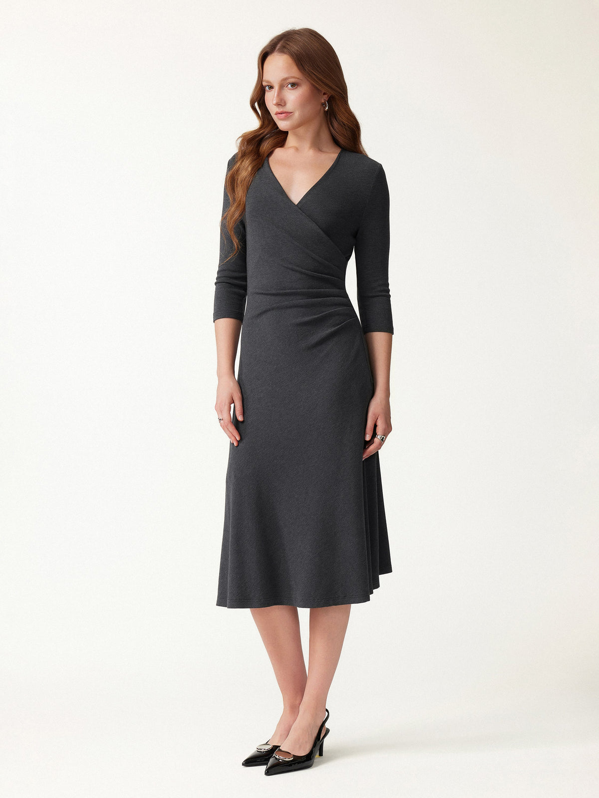 LiteWarm Surplice 3/4 Sleeve Side-Tuck Midi Dress