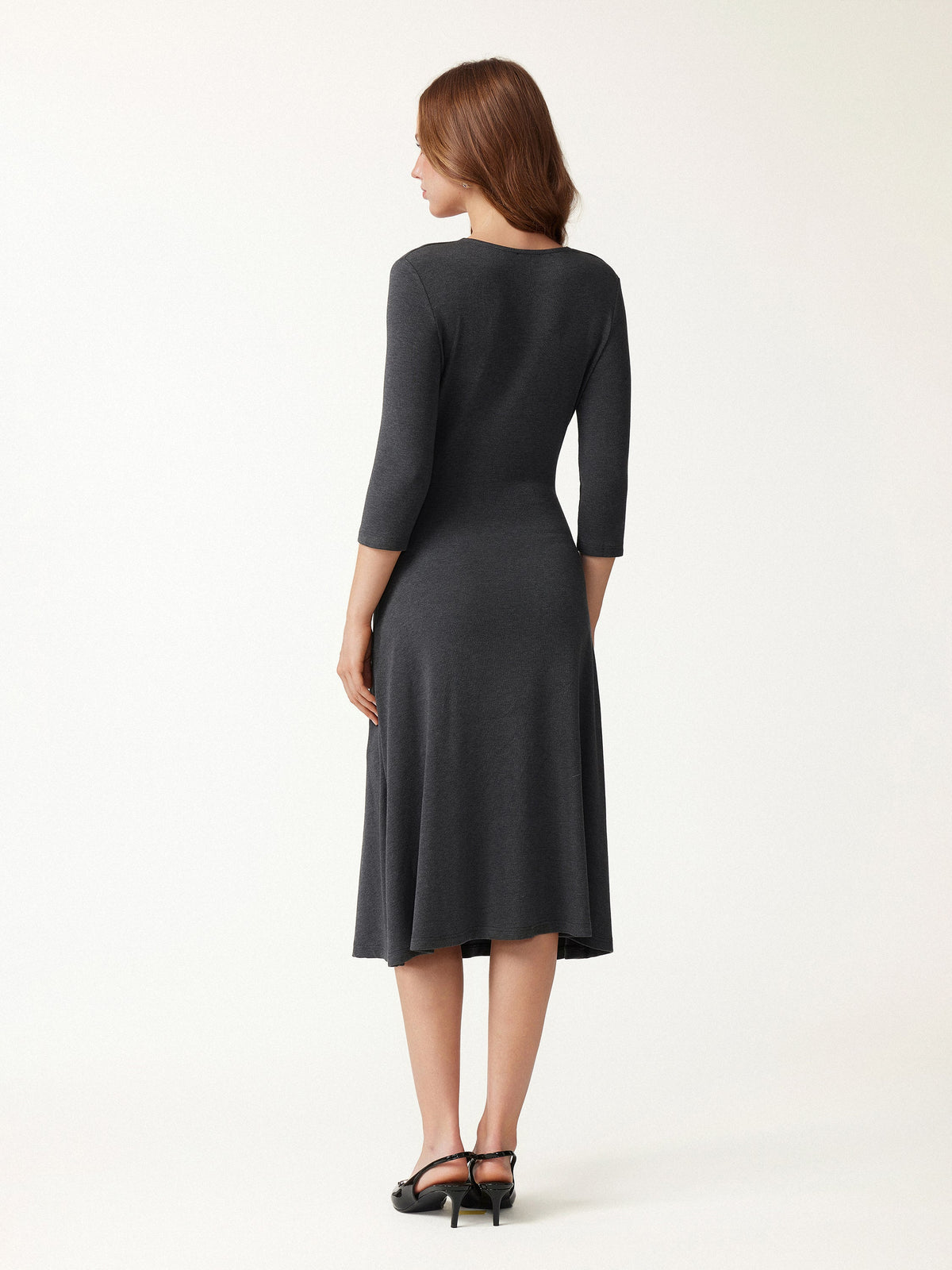 LiteWarm Surplice 3/4 Sleeve Side-Tuck Midi Dress