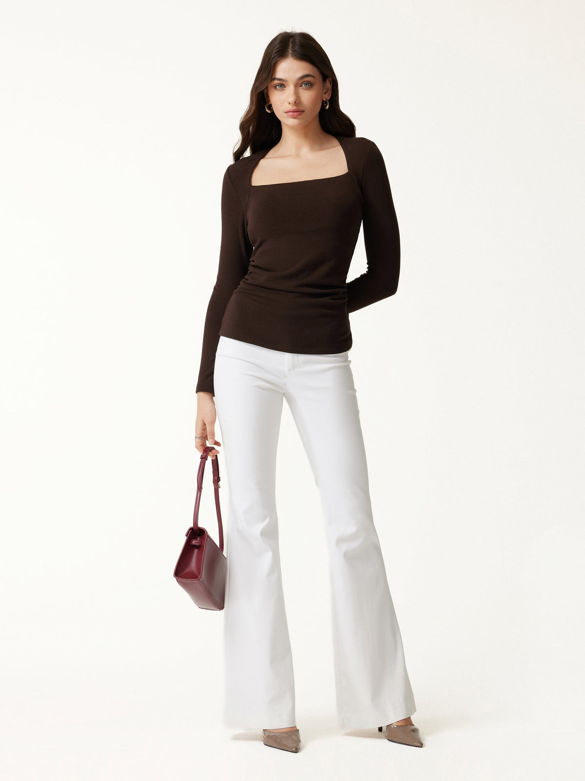 ProWarm Trapeze Neck Long Sleeve Ruched Built-In Bra Top