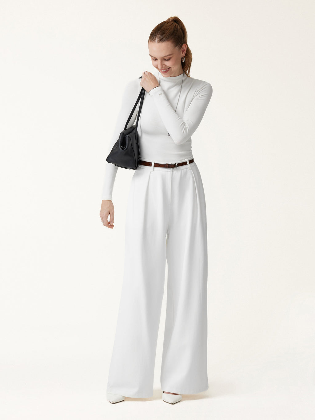 Not-See-Thru High-Rise Wide-Leg Pants with Pockets