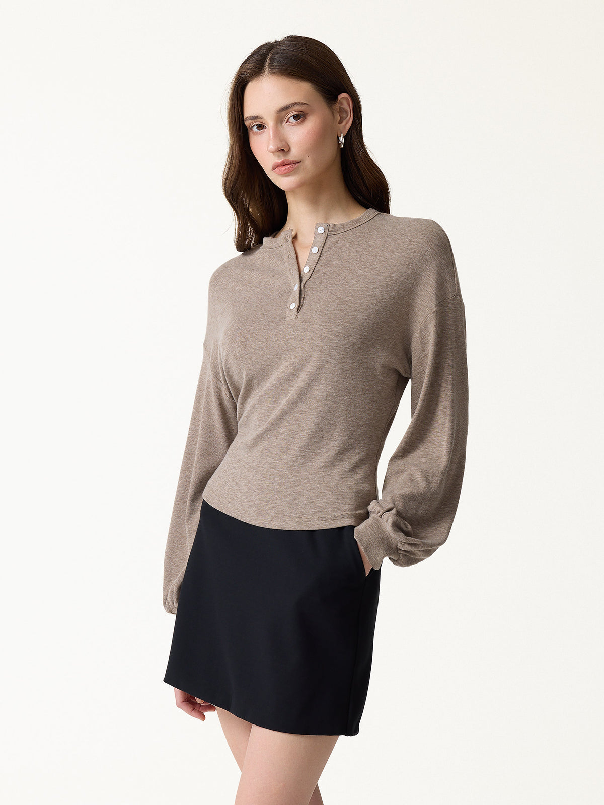 LiteWarm Slub Ribbed Henley Neck Batwing Sleeve Close-Fit Hem Top
