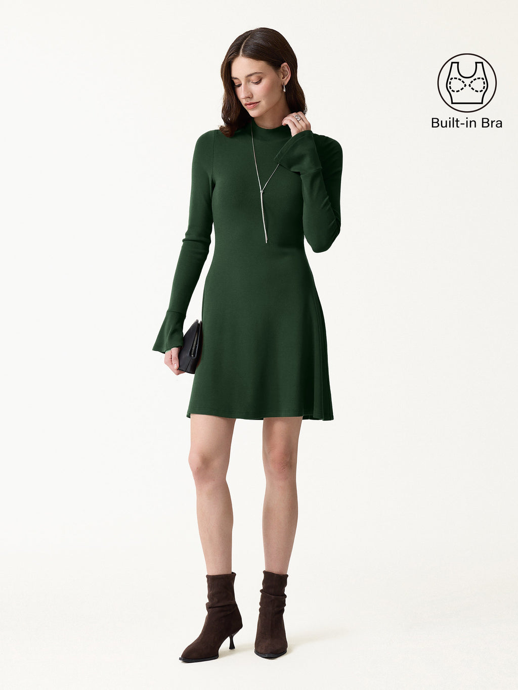 LiteWarm Mock Neck Flared Long Sleeve A-Line Mini Built-In Bra Dress 3.0