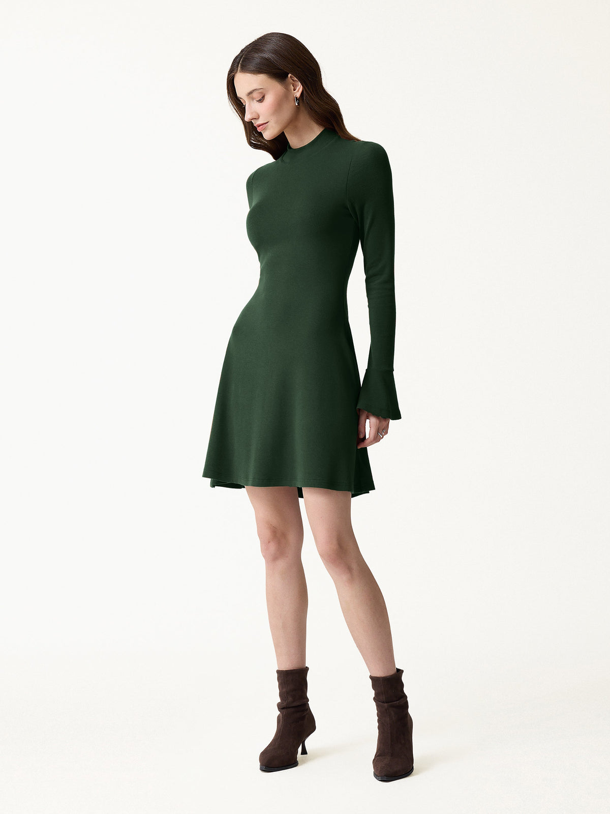 LiteWarm Mock Neck Flared Long Sleeve A-Line Mini Built-In Bra Dress 3.0