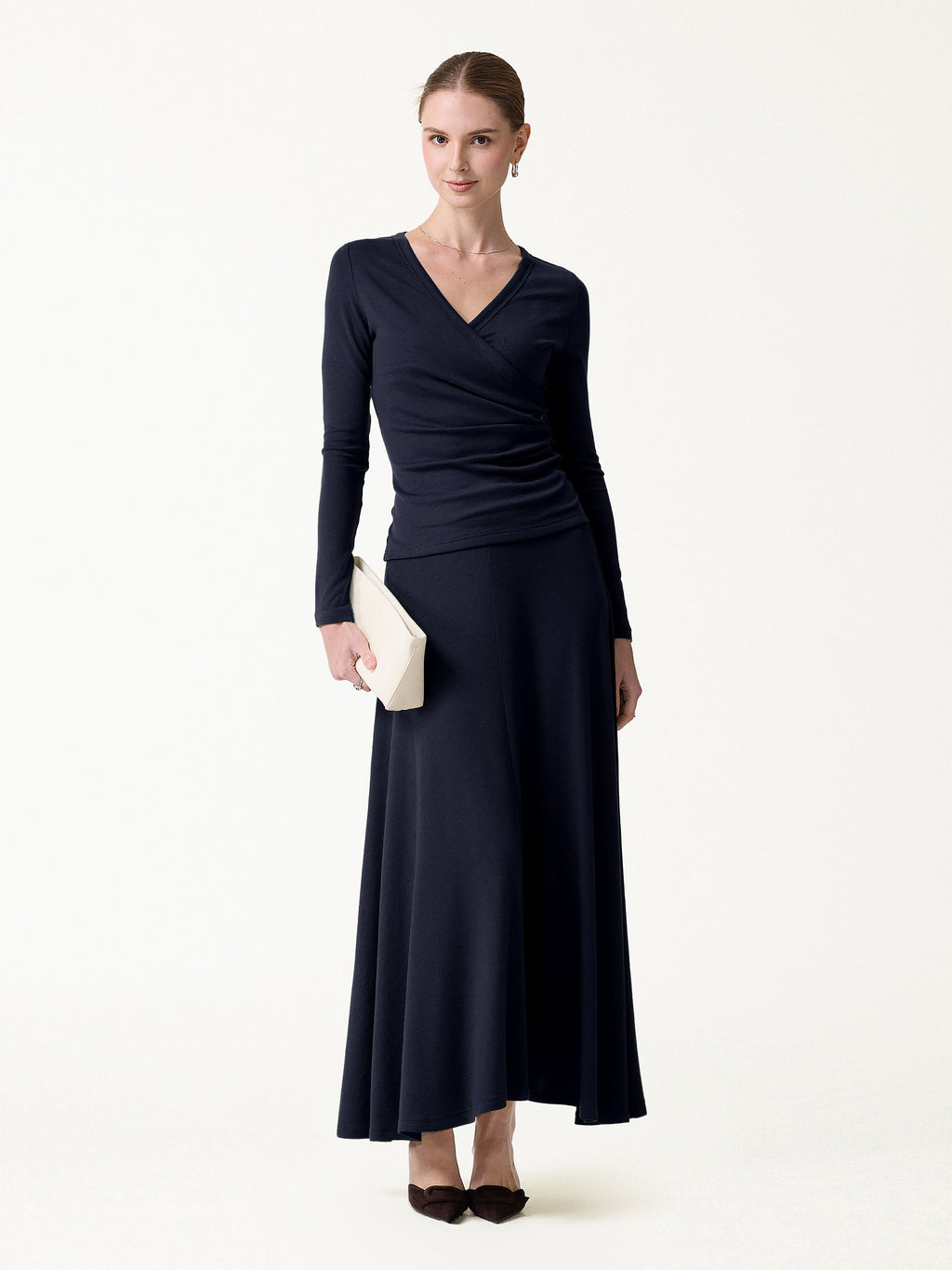 2Pcs Set LiteWarm Surplice Ruched Top & Blend Mid-Rise Umbrella Maxi Skirt