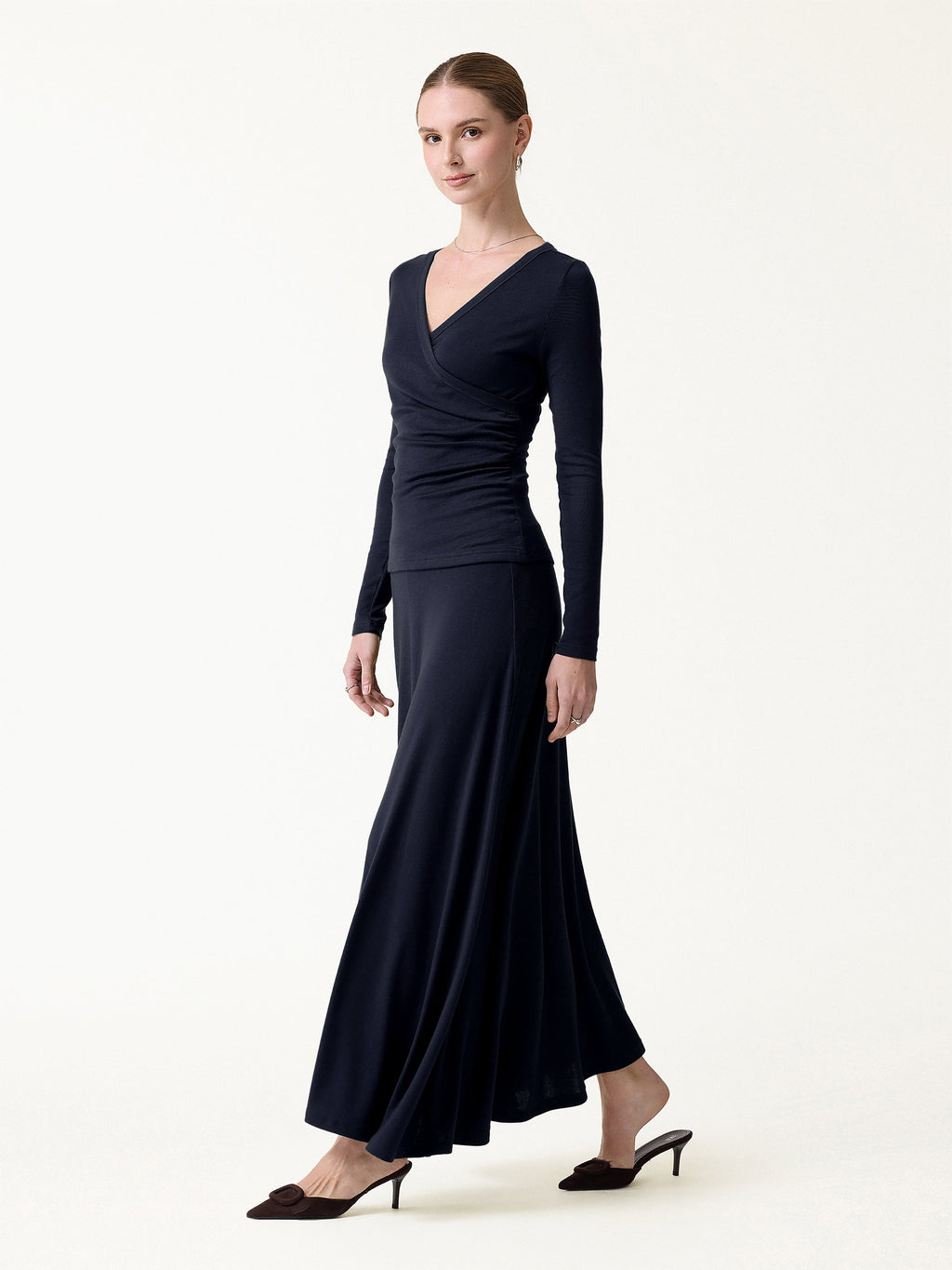 2Pcs Set LiteWarm Surplice Ruched Top & Blend Mid-Rise Umbrella Maxi Skirt