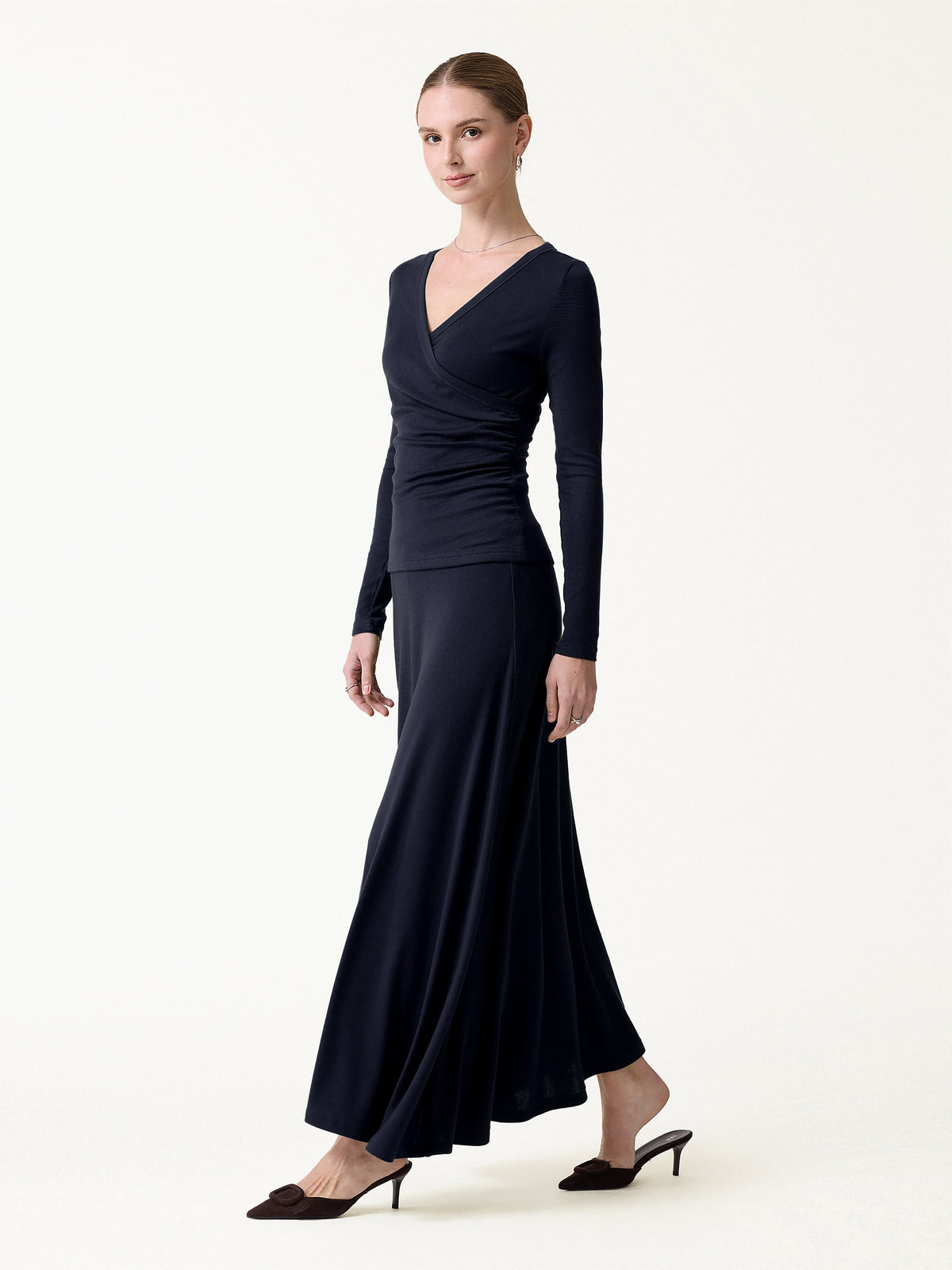 2Pcs Set LiteWarm Surplice Ruched Top & Blend Mid-Rise Umbrella Maxi Skirt