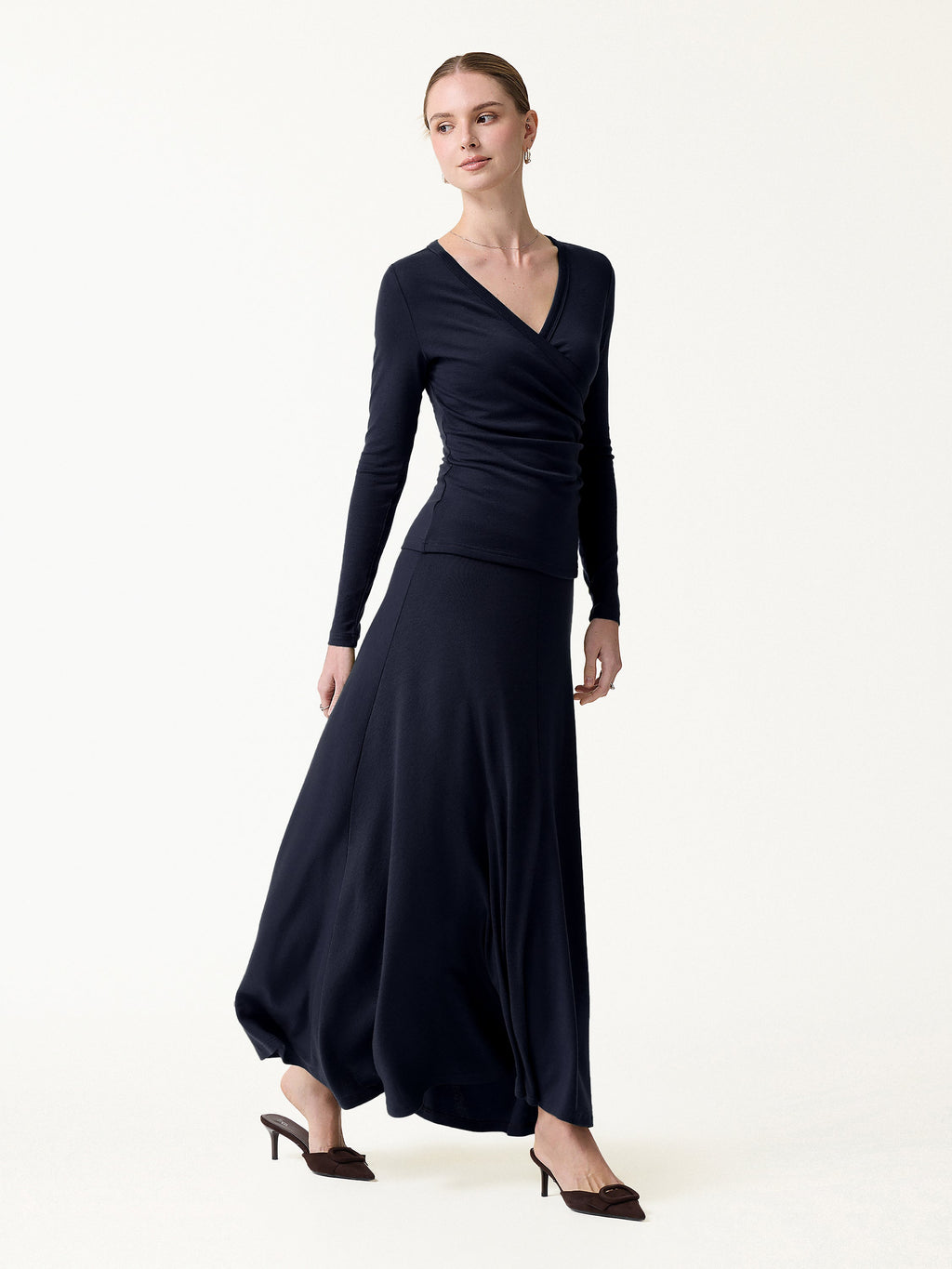 2Pcs Set LiteWarm Surplice Ruched Top & Blend Mid-Rise Umbrella Maxi Skirt