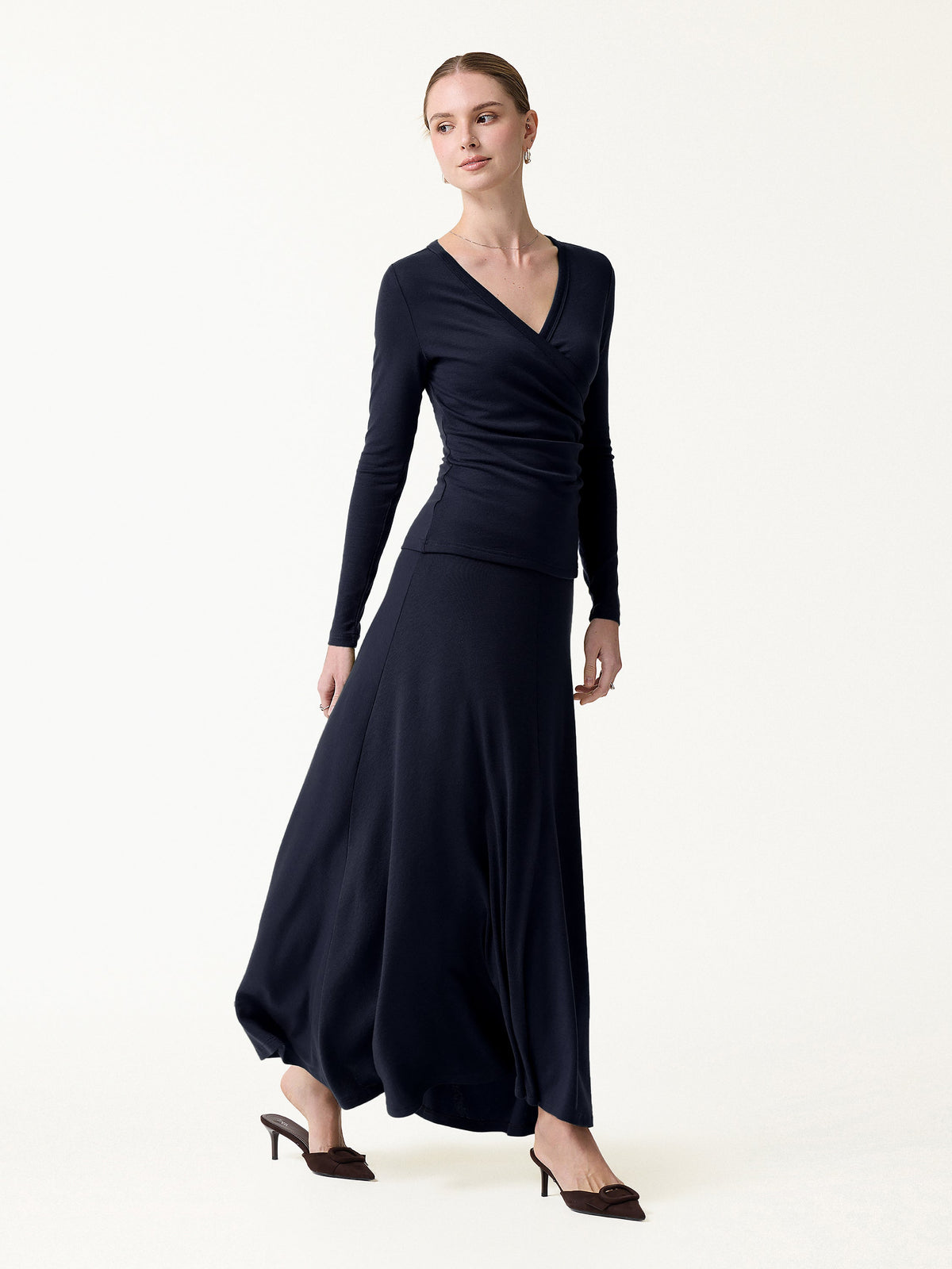 2Pcs Set LiteWarm Surplice Ruched Top & Blend Mid-Rise Umbrella Maxi Skirt