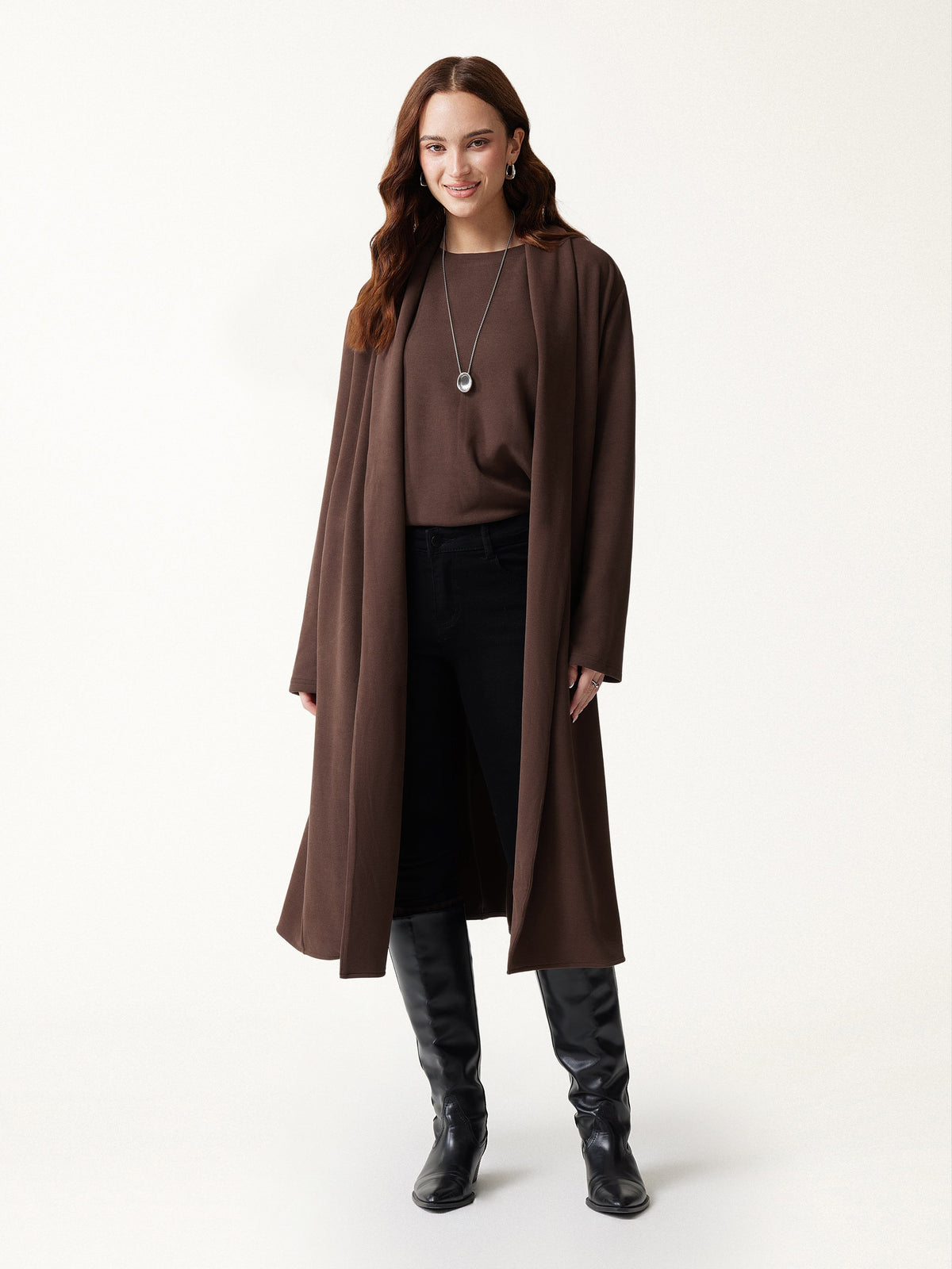 3Pcs Set Long Sleeve Midi Cardigan with Pockets & Boatneck Long Sleeve Top & Wide-Leg Pants with Pockets