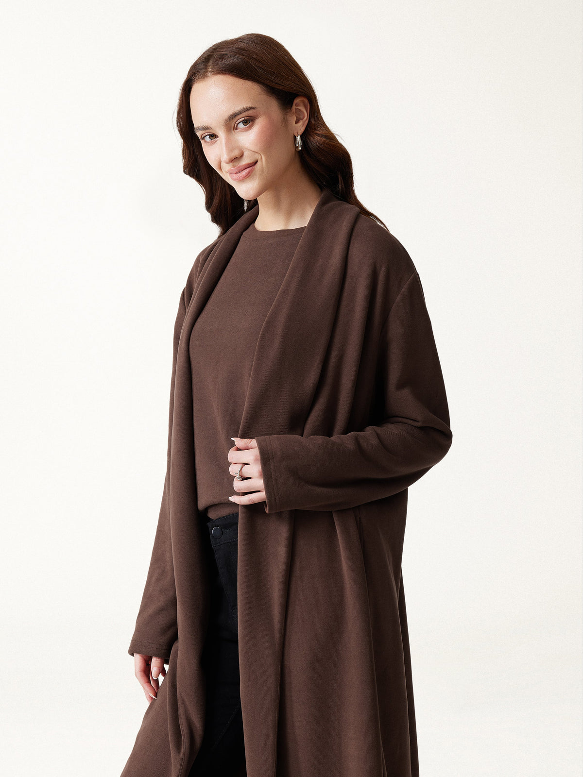 3Pcs Set Long Sleeve Midi Cardigan with Pockets & Boatneck Long Sleeve Top & Wide-Leg Pants with Pockets