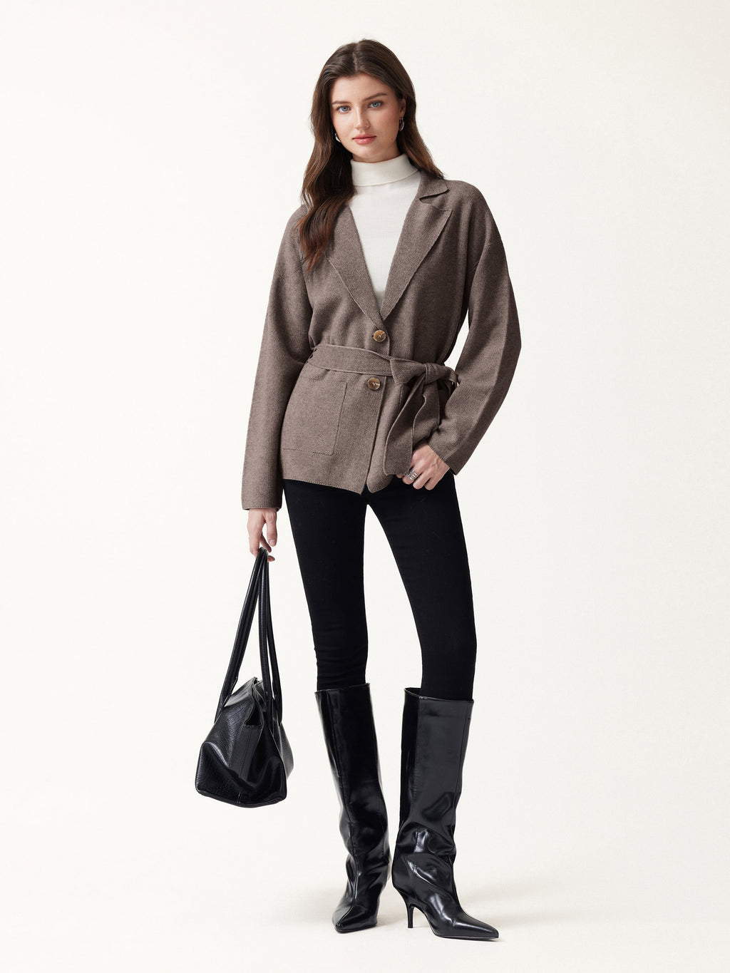 Merino Blend Peaked Lapel Long Sleeve Belted Cardigan with Pockets