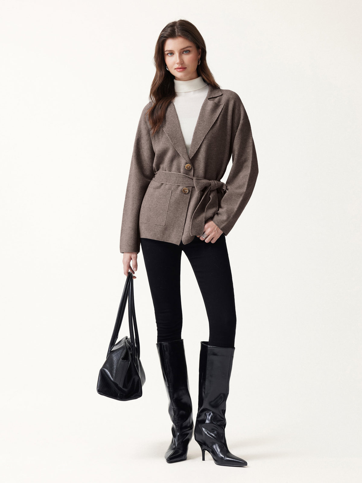 Merino Blend Peaked Lapel Long Sleeve Belted Cardigan with Pockets