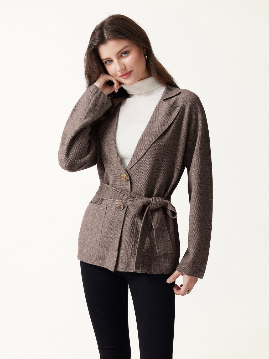 Merino Blend Peaked Lapel Long Sleeve Belted Cardigan with Pockets