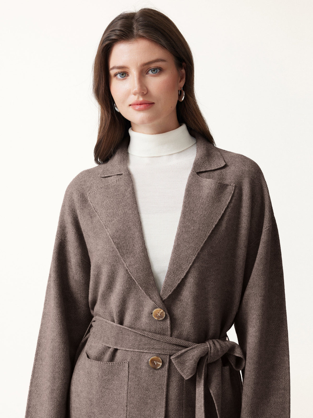 Merino Blend Peaked Lapel Long Sleeve Belted Cardigan with Pockets
