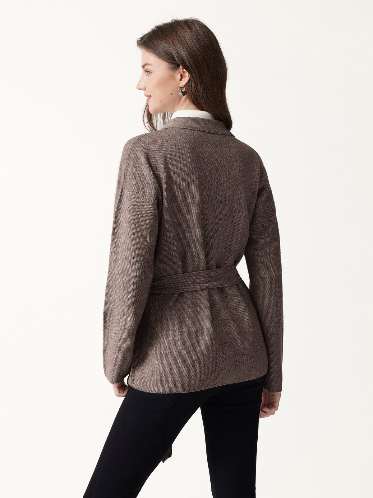 Merino Blend Peaked Lapel Long Sleeve Belted Cardigan with Pockets
