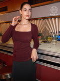 ProWarm Trapeze Neck Long Sleeve Ruched Built-In Bra Top