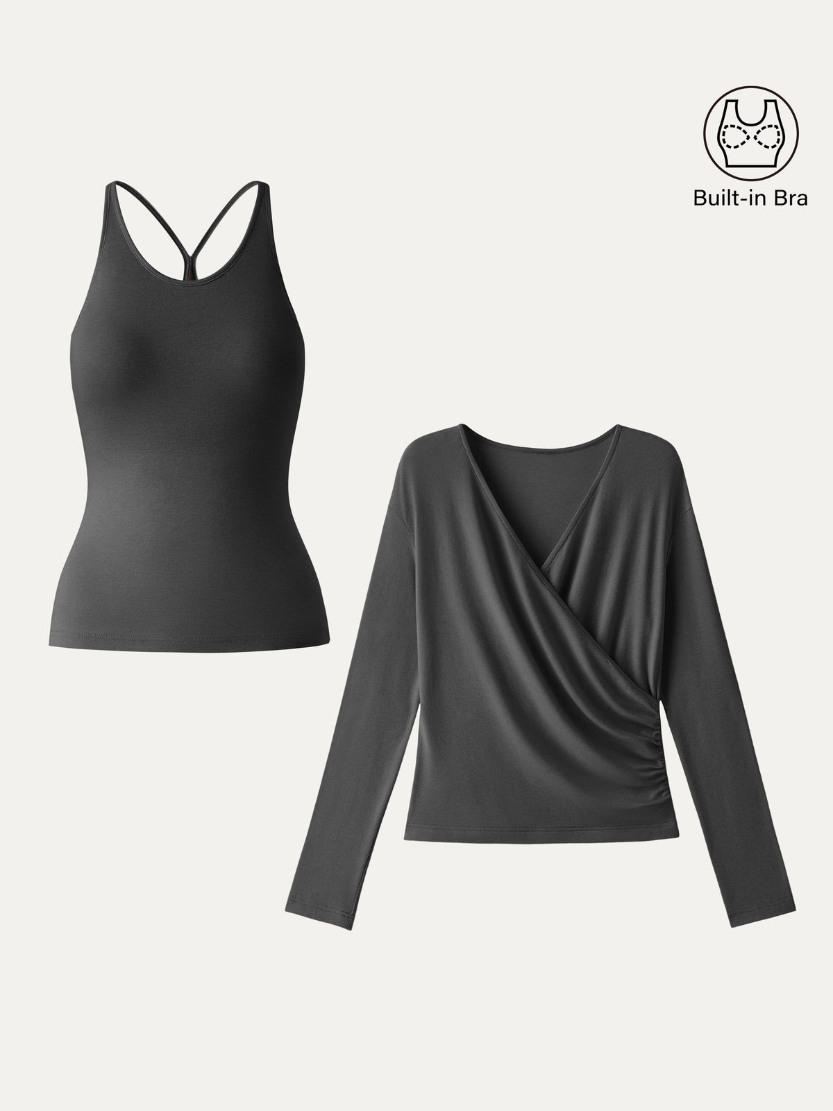 LiteWarm Two-Piece Set Cami with Surplice Ruched Built-In Bra Top