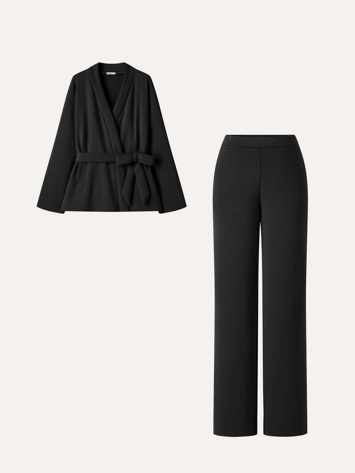 2Pcs Set MaxWarm Belted Wrap Cardigan Coat with Poclets & High-Rise Straight-Leg Pants with Pockets