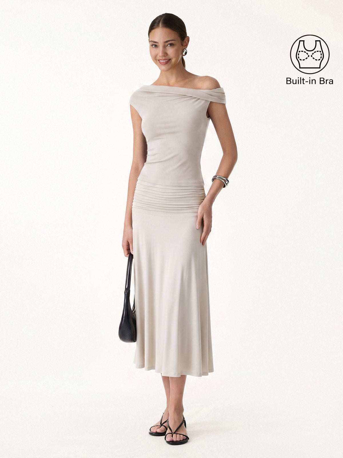 2Pcs Set Multi-wear Built-In Bra Top 2.0 & Side Ruched A-line Midi Skirt
