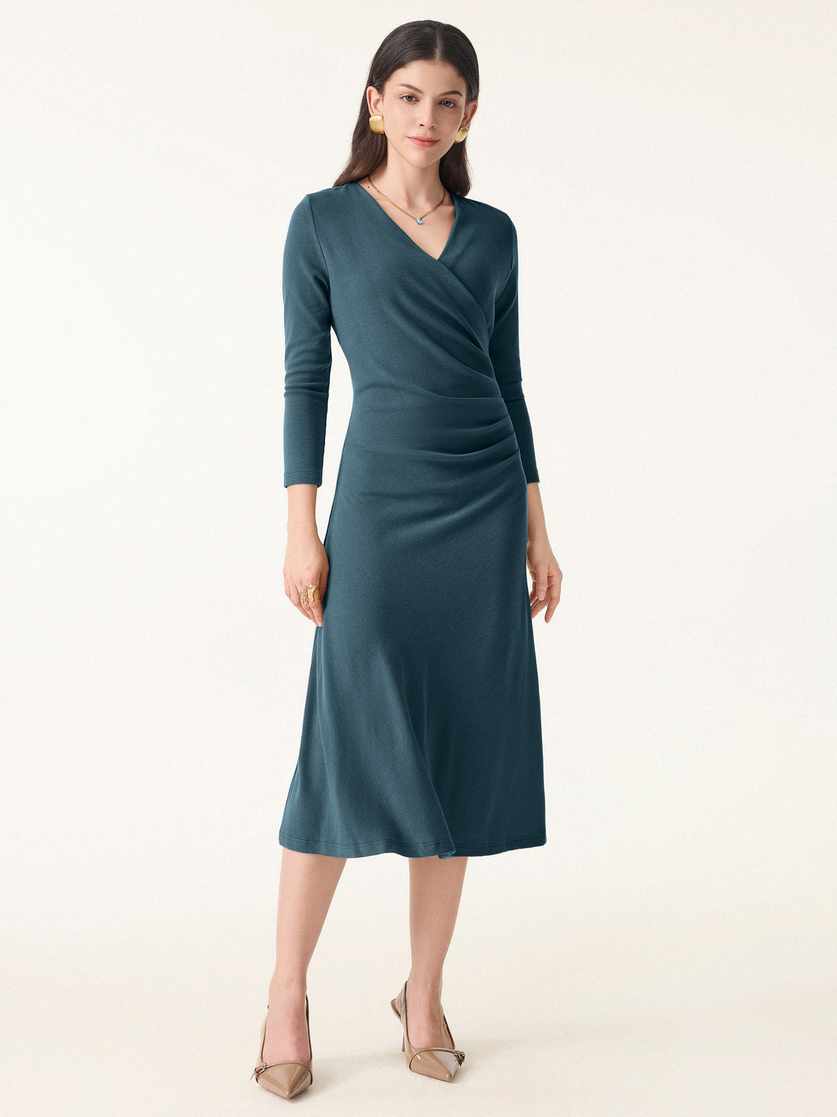 LiteWarm Surplice 3/4 Sleeve Side-Tuck Midi Dress