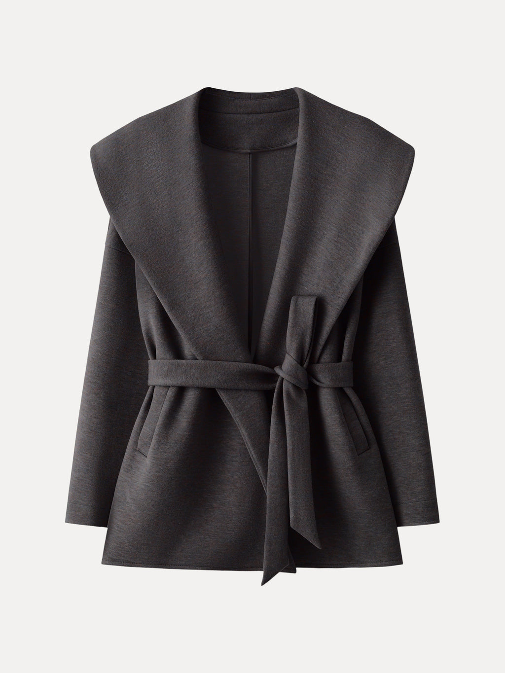FuzzLuxe Draped Shawl Collar Long Sleeve Belted Jacket