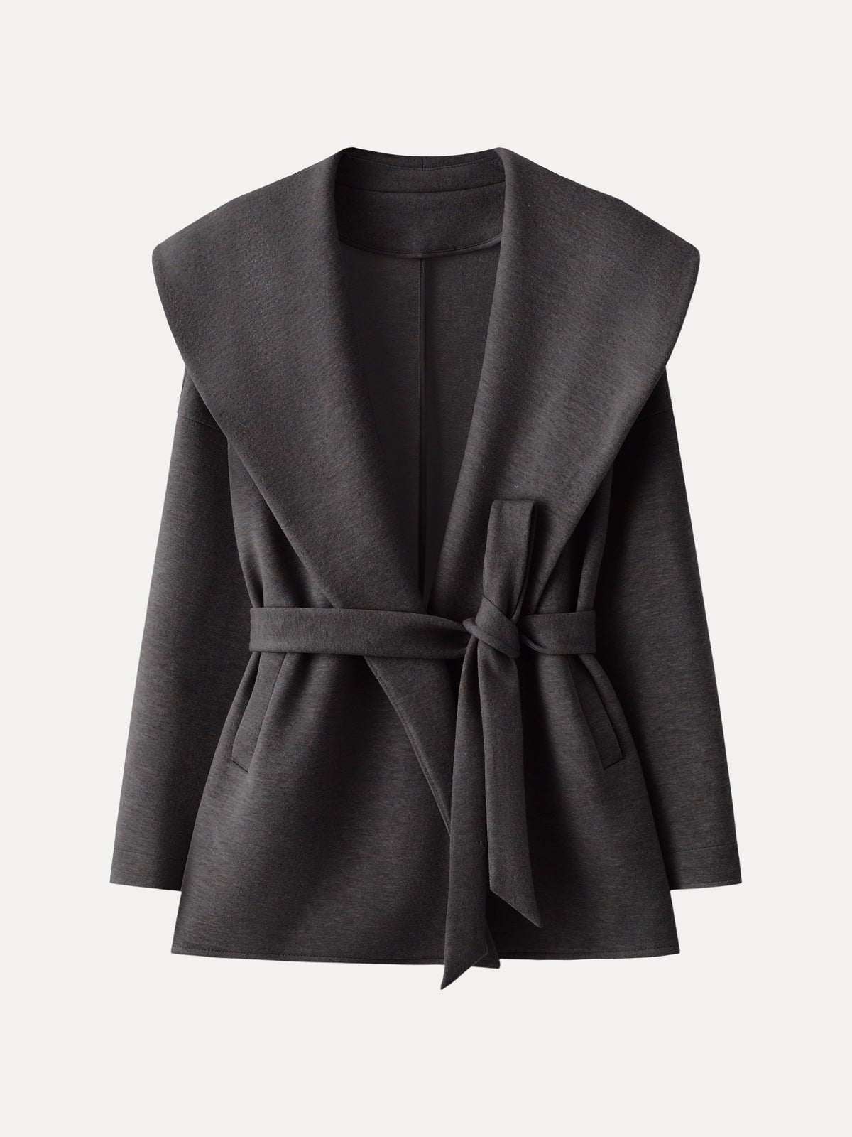 FuzzLuxe Draped Shawl Collar Long Sleeve Belted Jacket