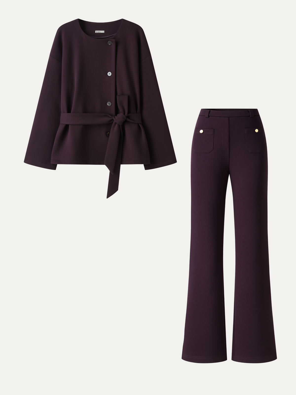 2Pcs Set Round Neck Long Sleeve Belted Jacket with Pockets & Mid-Rise Flared Pants with Pockets