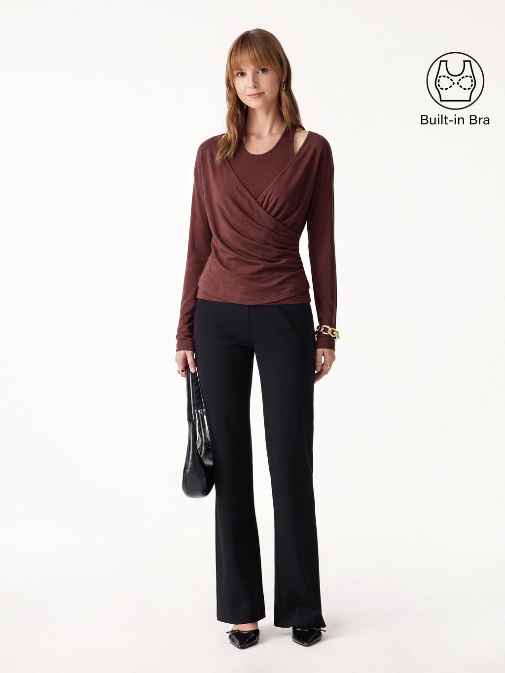 3Pcs Set Surplice Ruched Built-In Bra Top 2.0 & Slim Flared Pants with Pockets