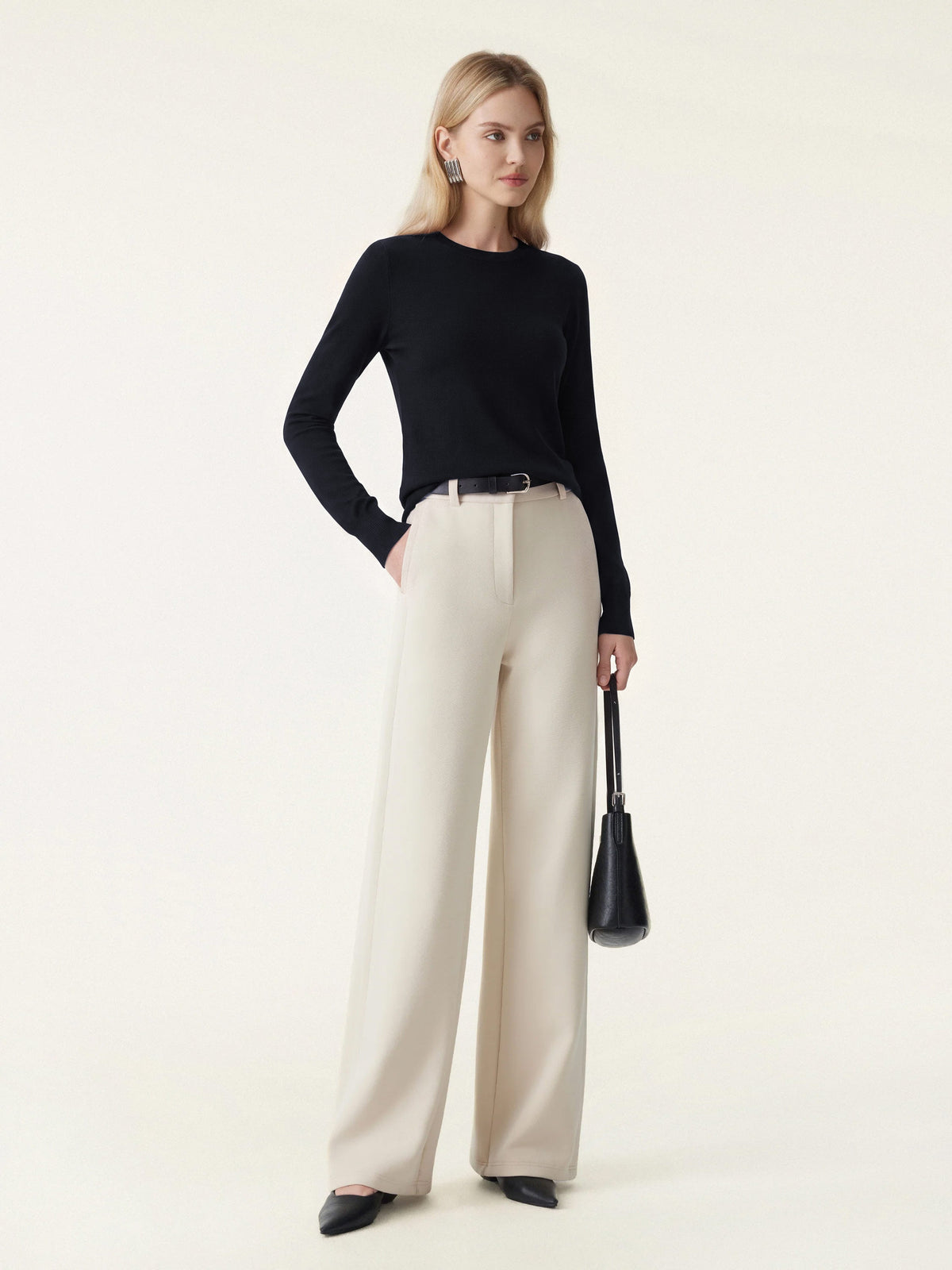 Stretchy Mid Rise Fly-Front Wide Leg Trouser