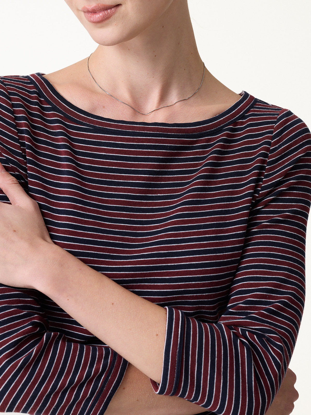 LiteWarm Striped Parisian Boatneck 3/4 Sleeve Built-In Bra Top 2.0