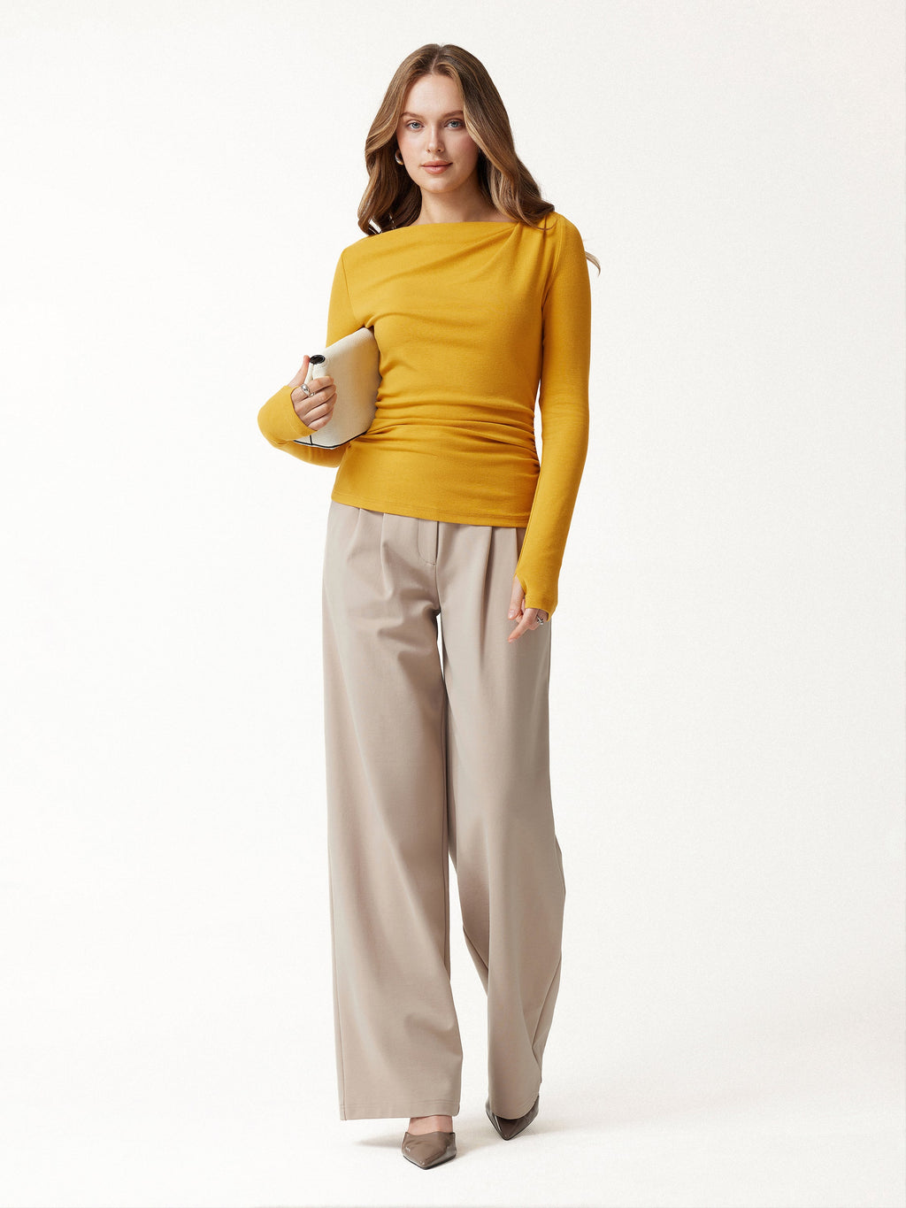LiteWarm Asymmetrical Neck Long Sleeve Ruched Top