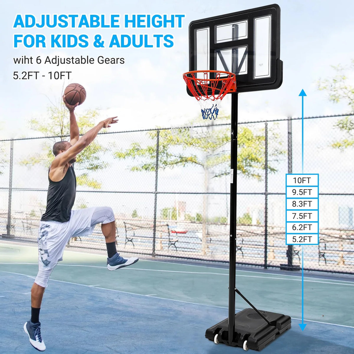 Garvee Adjustable Portable Basketball Hoop System - 5.2 to 10 ft | 44" Shatterproof Backboard & High-Intensity Base | For Kids, Youth, Adults in Backyard, Driveway, Indoor
