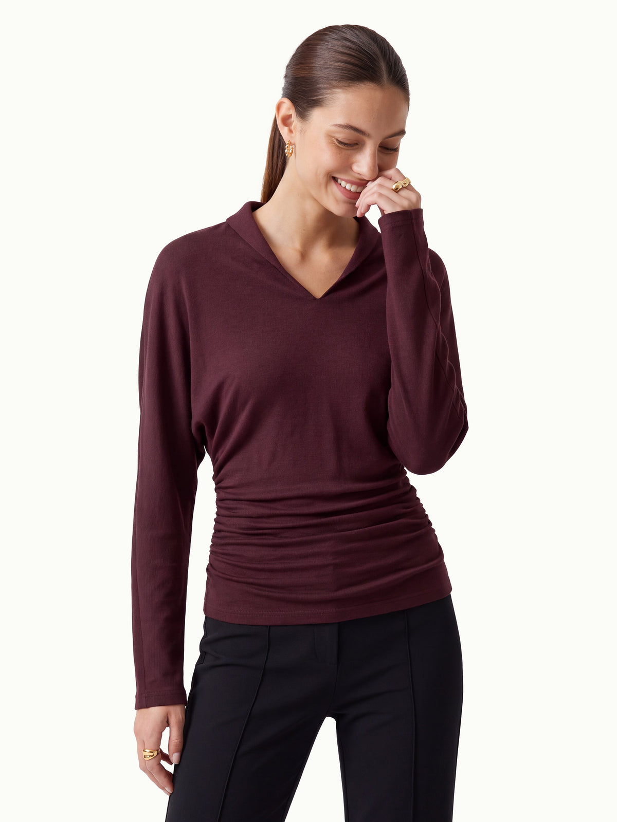LiteWarm V-Neck Long Sleeve Ruched Cinched-Waist Top