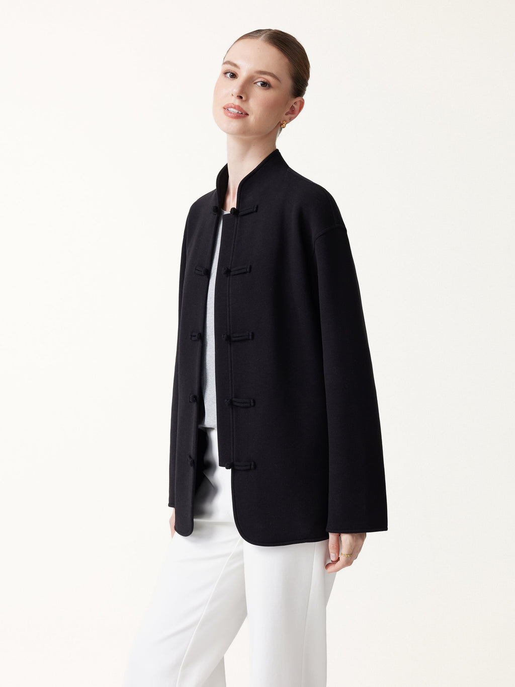 FuzzLuxe Mandarin Collar Frog-Button Jacket with Pockets
