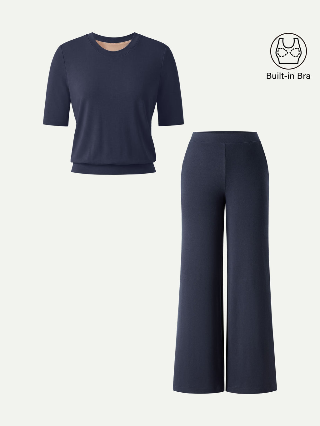 2Pcs Set Petite Wide Leg Pant with Pockets & Crewneck Built-In Bra Top 2.0