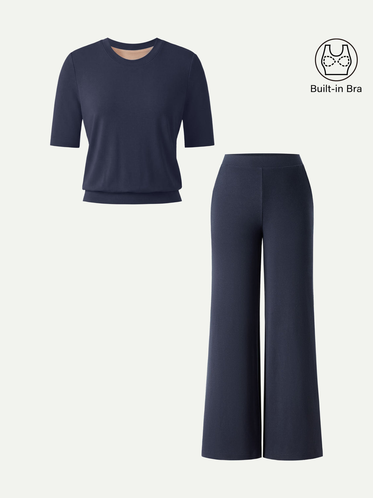 2Pcs Set Petite Wide Leg Pant with Pockets & Crewneck Built-In Bra Top 2.0